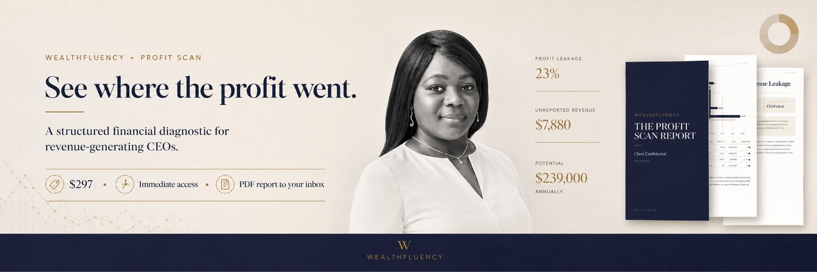 Wealthfluency Profit Scan. See where the profit went. A structured financial diagnostic for revenue-generating CEOs. $297, immediate access, PDF report to your inbox. Profit leakage 23 percent, unreported revenue $7,880, potential $239,000 annually.