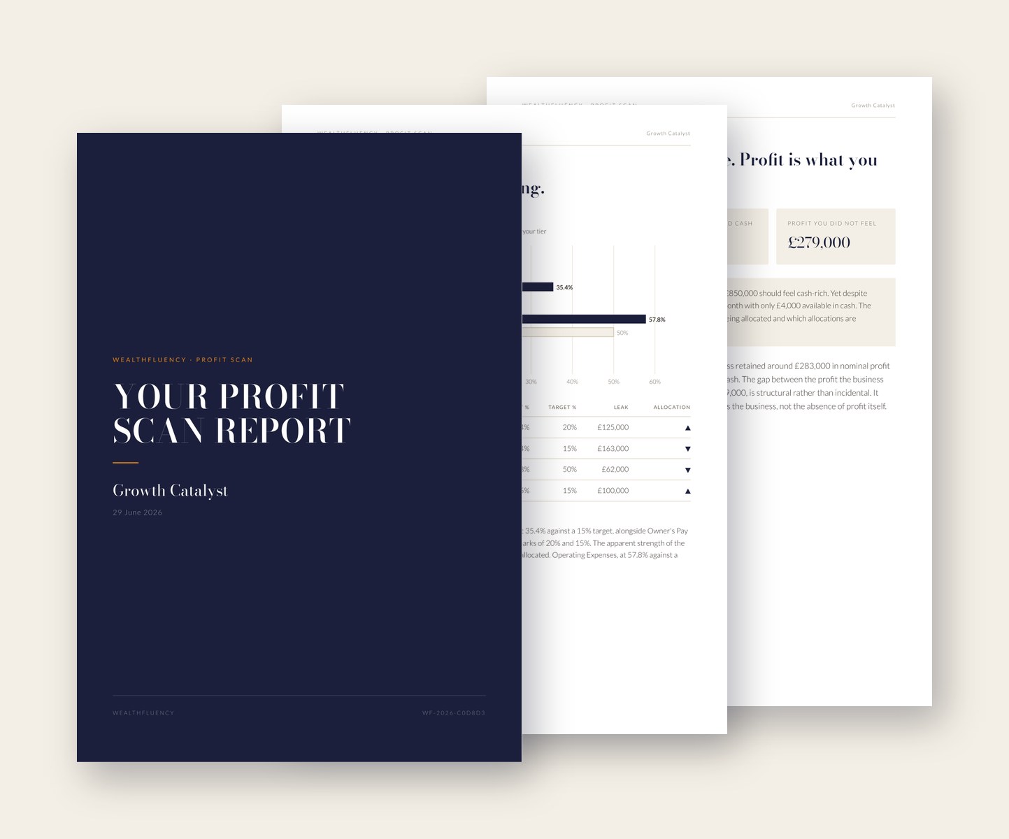 A sample Profit Scan Report: the navy cover and two inside pages showing the allocation chart, the leak figures, and the findings